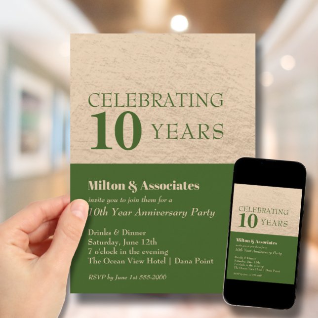 Business Anniversary Celebration Green & Gold Invitation (Change to ANY YEAR. Order printed and instant download (great to email as a reminder.))