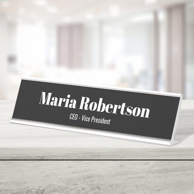Business Black and White Simple Custom Desk Name Plate (Black and white custom business name plate.)