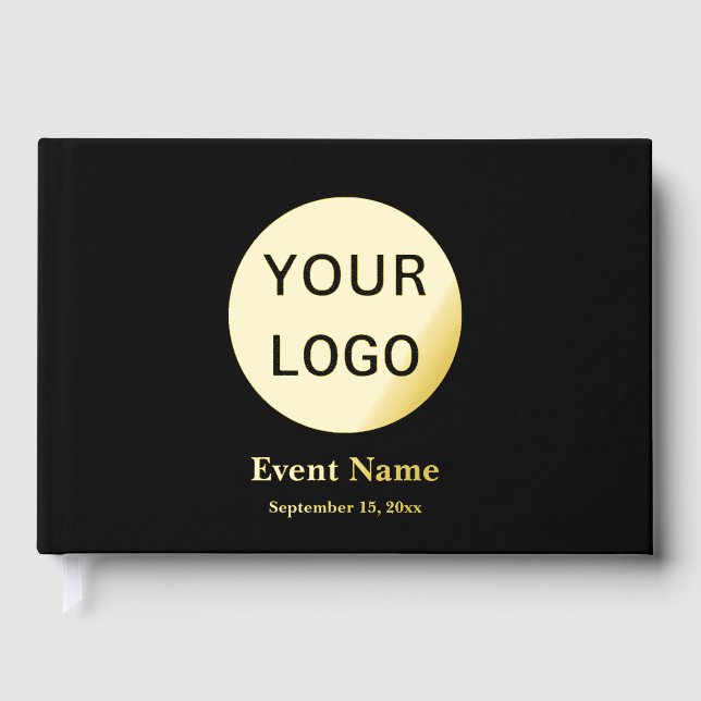 Business Black Gold Foil Logo Event Name & Date Guest Book (Front)