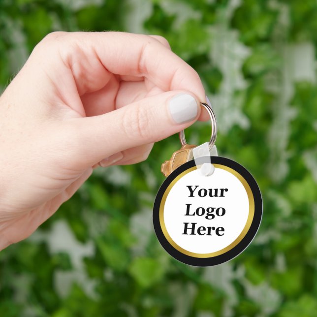 Business Black White Gold 2 sided Your Logo Here Keychain (Hand)