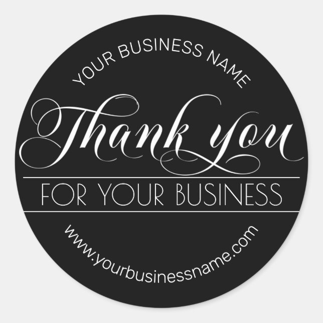 Business Black White Script Calligraphy Thank You Classic Round Sticker (Front)
