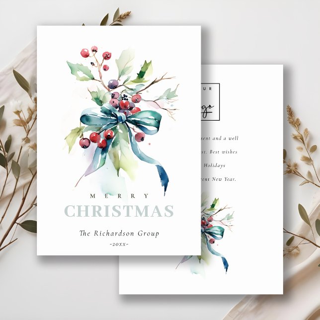 Business Blue Green Winter Berries Corporate Logo  Holiday Card (Creator Uploaded)
