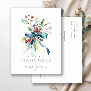 Business Blue Green Winter Berries Corporate Logo  Holiday Postcard