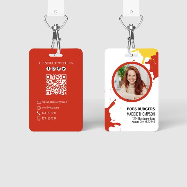 Business Burgers QR Code Photo Template  Badge (Ketchup and mustard employee badge.)
