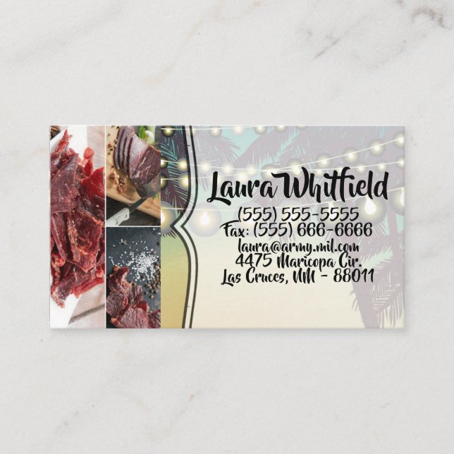 Business Card Beach Sunset Palm Tree String Lights (Front)