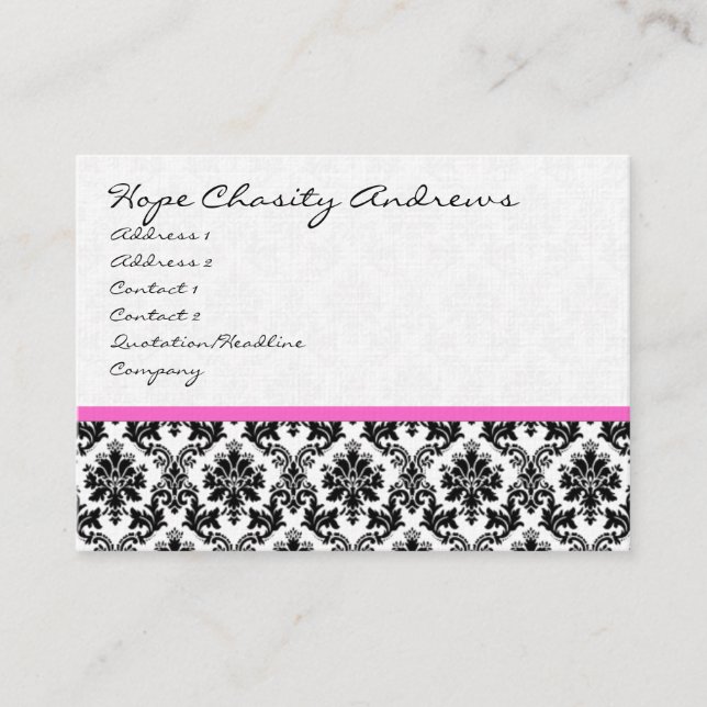 Business Card Black White Damask with Pink Ribbon (Front)