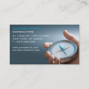 Business card blue background compass, consulting.