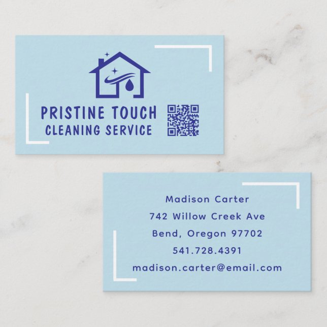 Business Card Cleaning Service Blue Home QR Code (Front/Back)