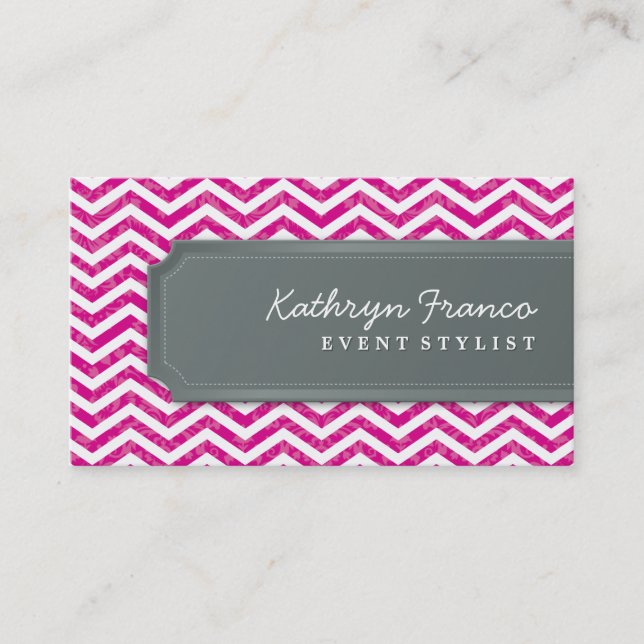 BUSINESS CARD cool chevron stripe hot pink grey (Front)