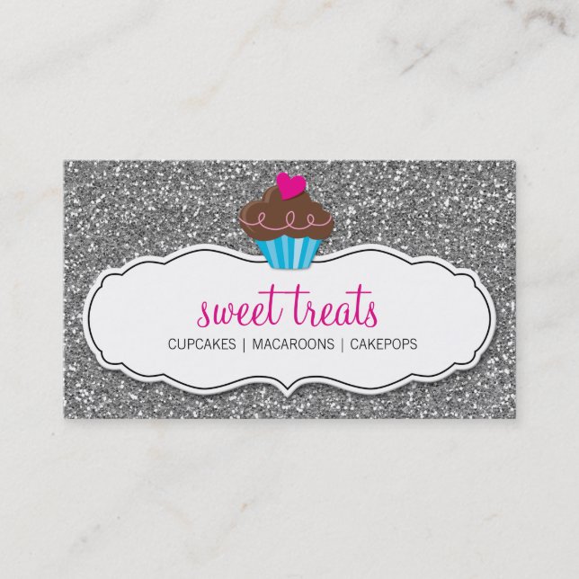 BUSINESS CARD cute cupcake pink silver glitter (Front)