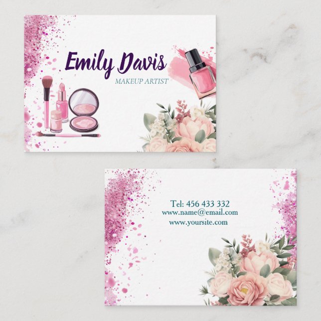 business card design makeup with pink glitter and  (Front/Back)