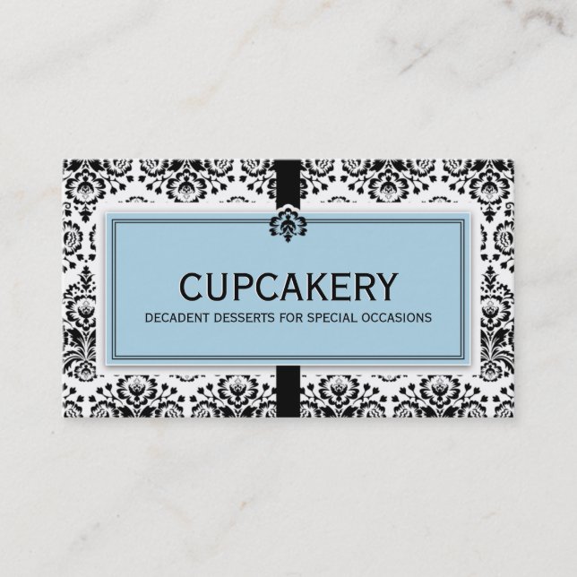 BUSINESS CARD elegant damask black pastel blue (Front)