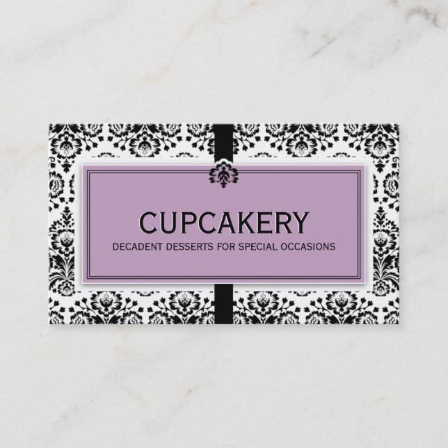 BUSINESS CARD elegant damask black pastel purple (Front)