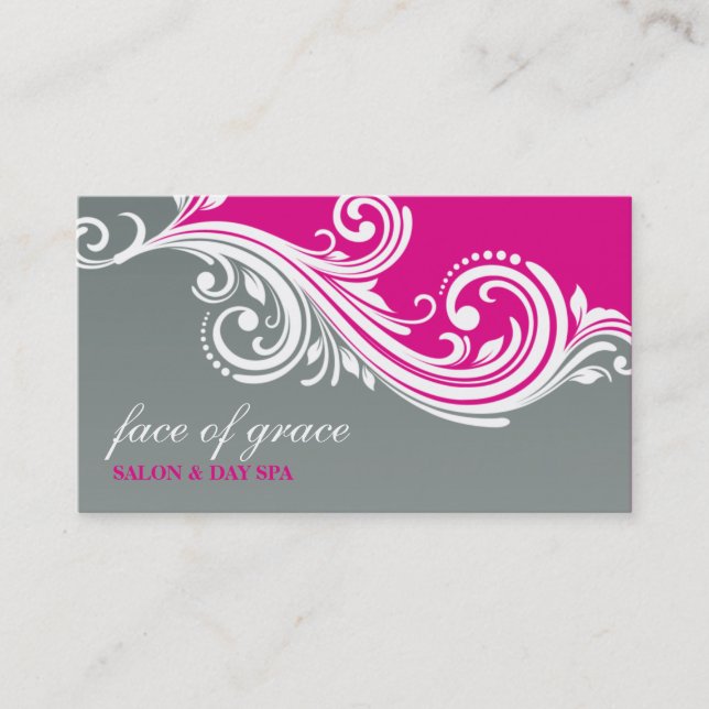 BUSINESS CARD elegant stylish swirl hot pink grey (Front)