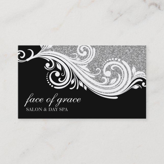 BUSINESS CARD elegant swirl silver glitter black (Front)