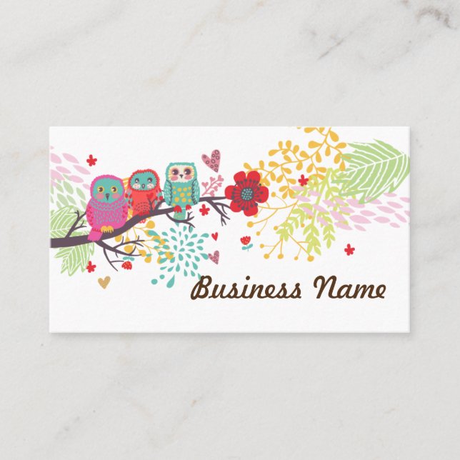 business card - owl, three owl, floral backgraound (Front)