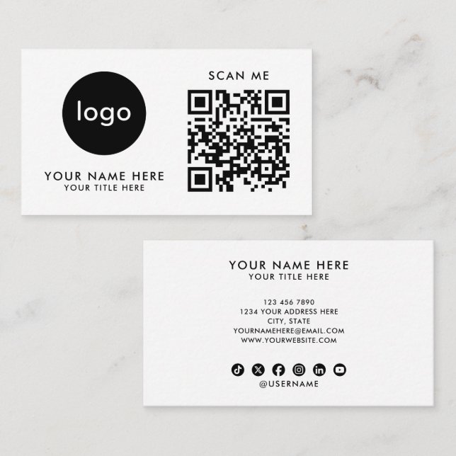 Business Card QR Code Logo Modern White Design (Front/Back)