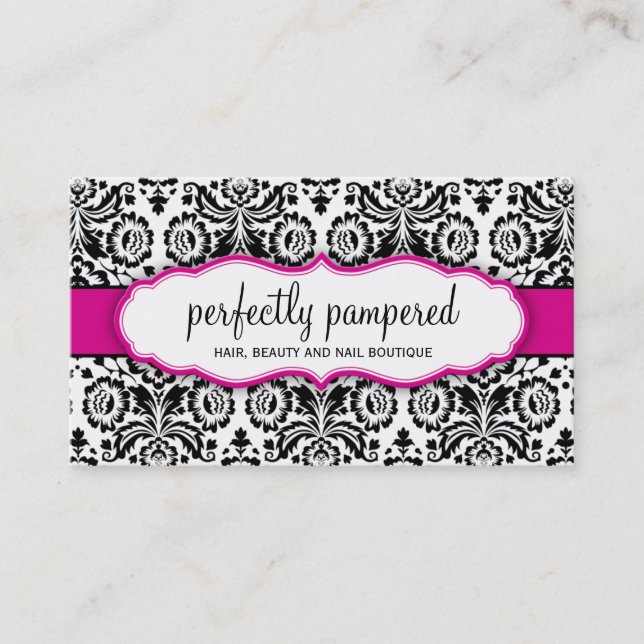 BUSINESS CARD stylish damask black fuschia pink (Front)