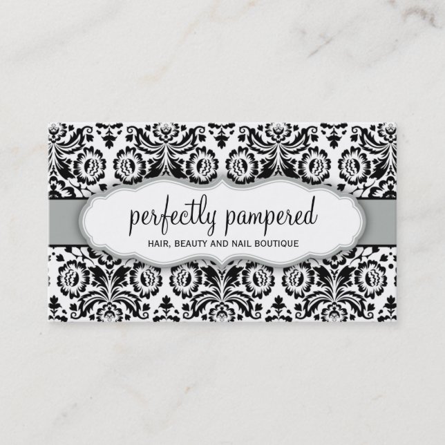 BUSINESS CARD stylish damask black silver grey (Front)