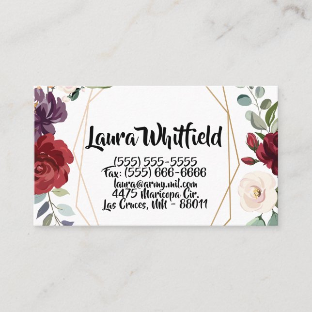 Business Card White Roses Gold Geometric Flo (Front)