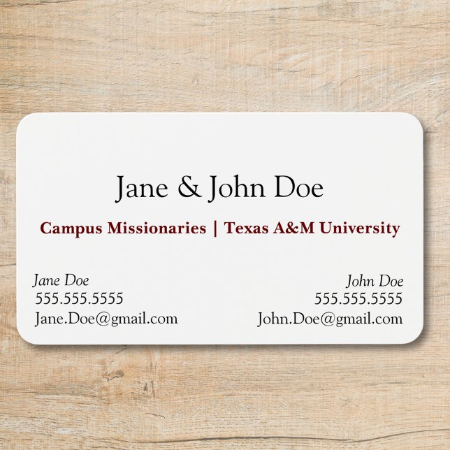 Business card with spot for two names (business card with slot for two names professional black and white with maroon text, two contacts)