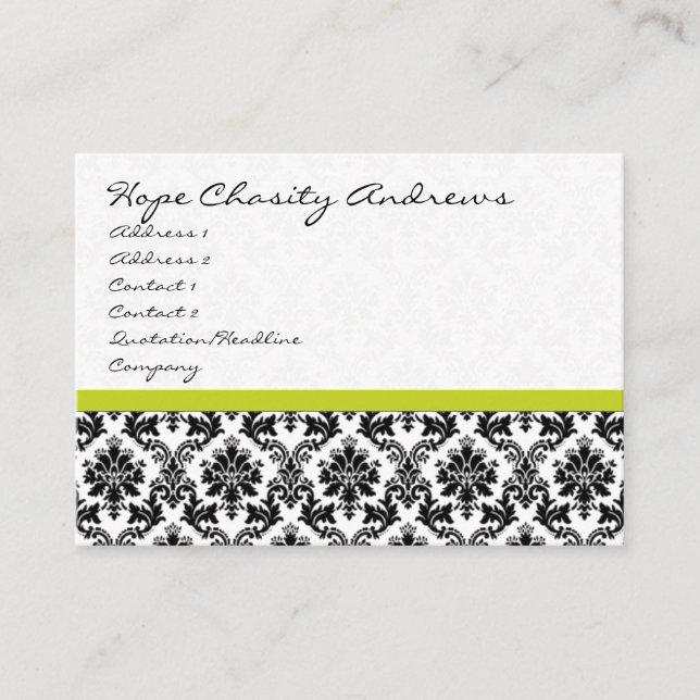 Business Cards Black and White Damask Floral Lime (Front)