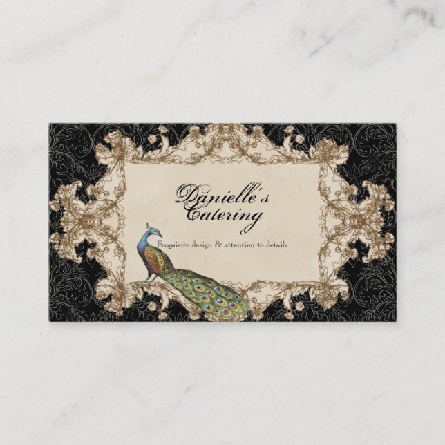Business Cards - Black Vintage Peacock & Etchings (Front)