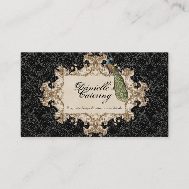 Business Cards - Black Vintage Peacock & Etchings (Front)