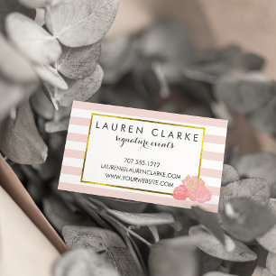 Business Cards Pink Stripe & Blush Peony
