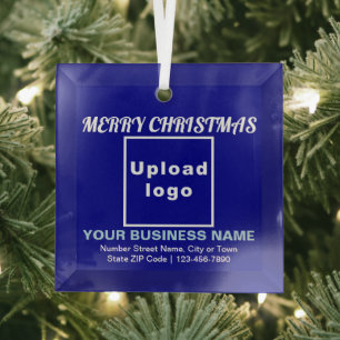 Business Christmas Blue Square Glass Ornament