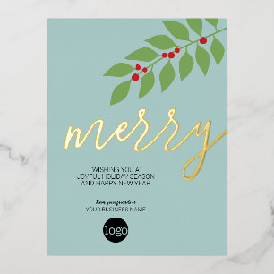Business Christmas Greeting Merry Aqua - Gold Foil Holiday Postcard