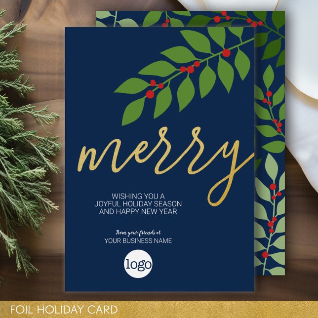 Business Christmas Greeting - Merry - Navy Foil Holiday Card (Business Holiday Card - Add Your Logo to this Foil Accented Office Card)