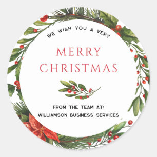 Business Christmas Holidays Botanical Holly Wreath Classic Round Sticker
