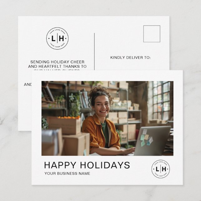 Business Christmas Minimalist Photo Logo Holiday Postcard (Front/Back)