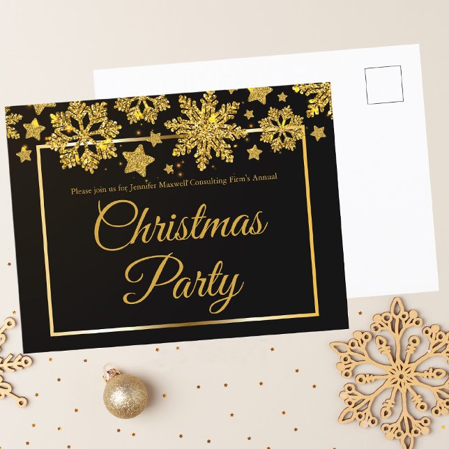 Business Christmas Party Black Gold Snowflake Invitation Postcard (Creator Uploaded)