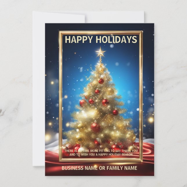 Business Christmas tree gold red blue photo qr  Holiday Card (Front)
