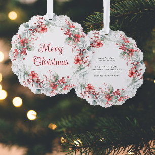 Business Christmas Wreath Watercolor Holiday Ornament Card