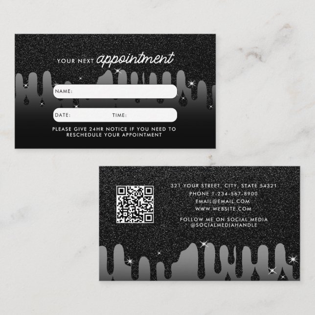 Business Client Appointment Card Black Glitter (Front/Back)