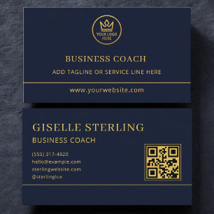 Business Coach Blue Gold Logo QR Code Card