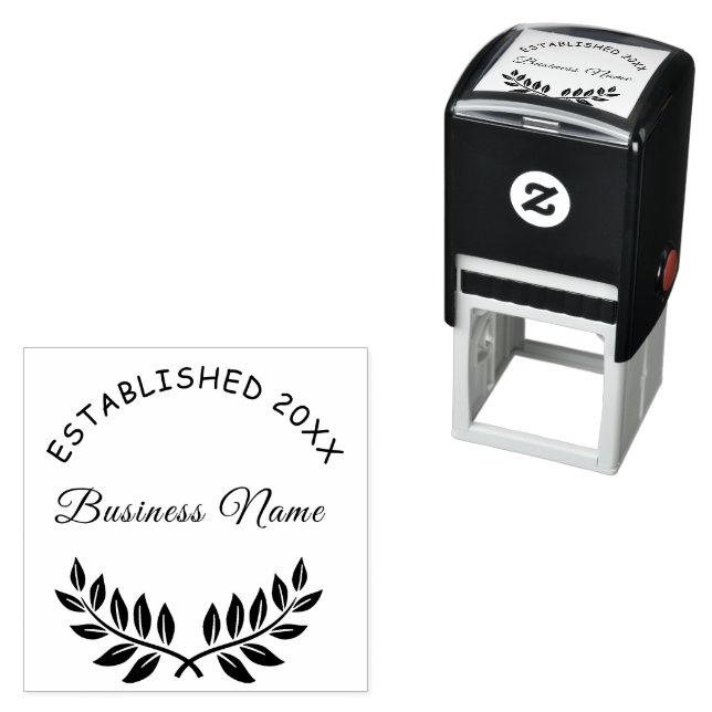 Business comapany name classic laurel wreath self-inking stamp (In Situ)