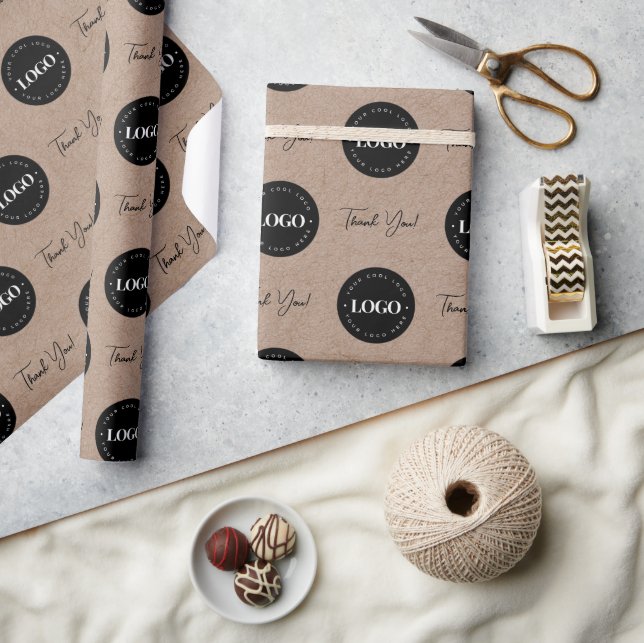 Business Company Custom Logo Thank You Kraft Look Wrapping Paper (Crafts)