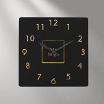 Business company logo black gold square wall clock<br><div class="desc">A stylish,  classic black background. Personalize and add your business,  company logo.  Golden clock numbers.</div>