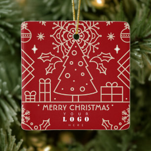 Business Company logo Merry Christmas Red Gold Art Ceramic Ornament