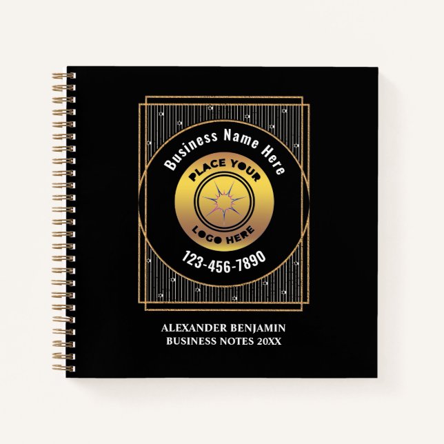 Business Company Logo Modern Gold Black Custom Notebook (Front)