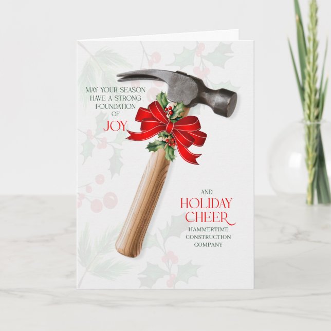 Business Construction Hammer Joy and Cheer Custom Holiday Card (Front)