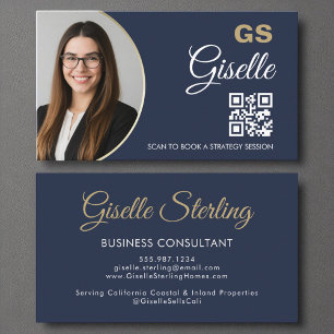 Business Consultant Navy Blue Gold Photo QR Code  Card