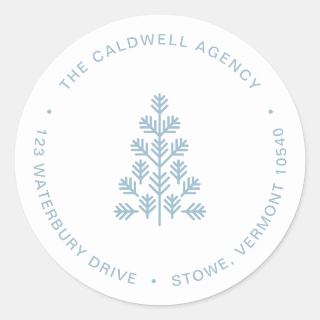 Business Corporate Holiday Tree Dusty Blue Address Classic Round Sticker (Front)