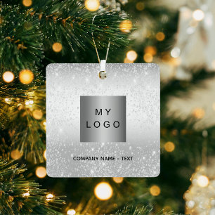 Business corporate logo silver glitter classic metal ornament