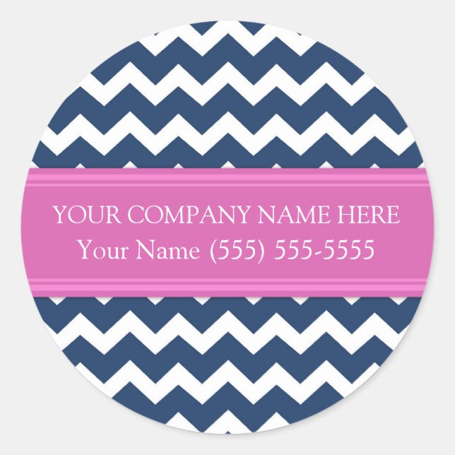 Business Custom Company Name Blue Pink Chevron Classic Round Sticker (Front)