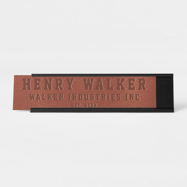 Business Embossed Personalized Brown Vegan Leather Desk Name Plate (Front)